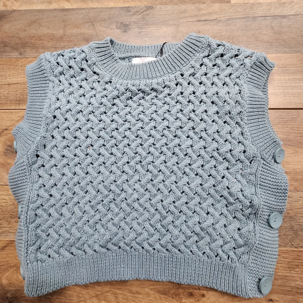 New Zara Knit Sweater Vest Teal Green Blue Textured Chunky Sleeveless Girls 9–10